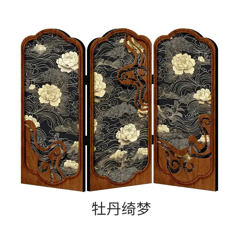 Antique peony tabletop screen for elegant home and office decor.