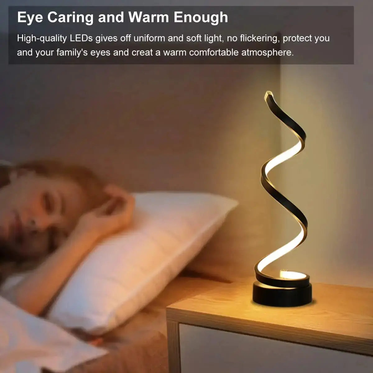Modern dimmable spiral LED table lamp for desk and home lighting.