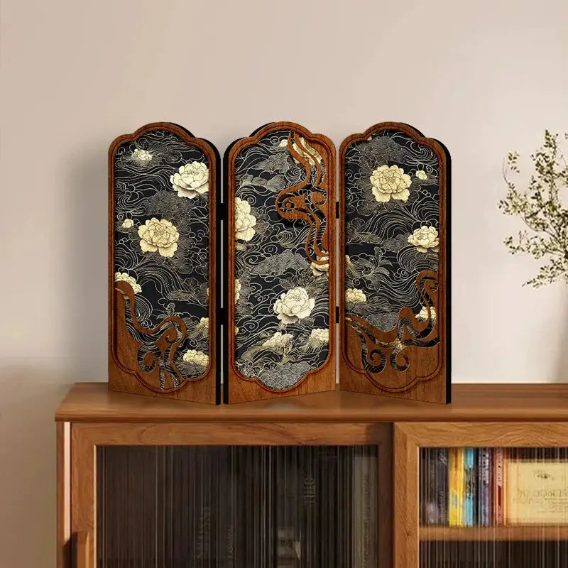 Antique peony tabletop screen for elegant home and office decor.