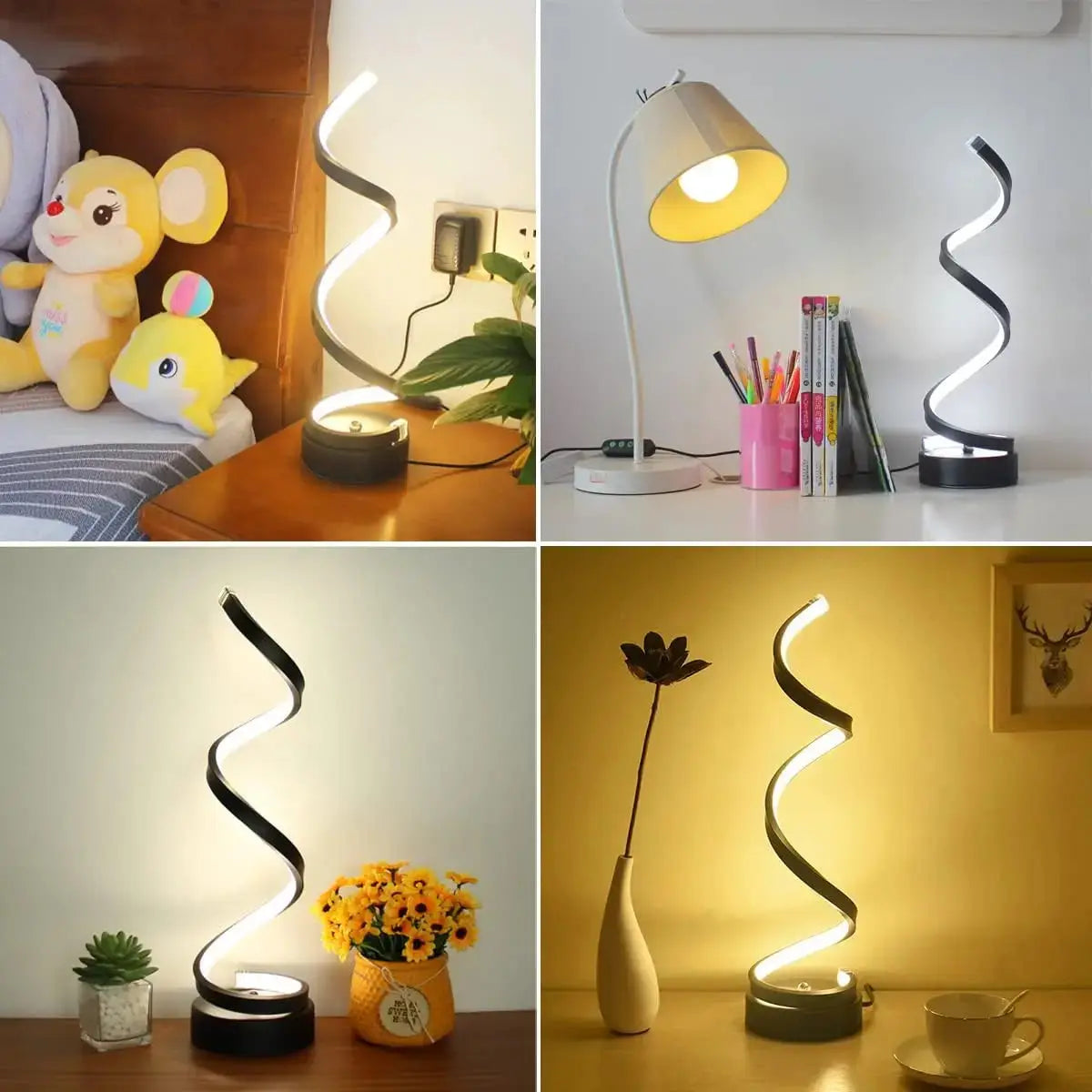Modern dimmable spiral LED table lamp for desk and home lighting.