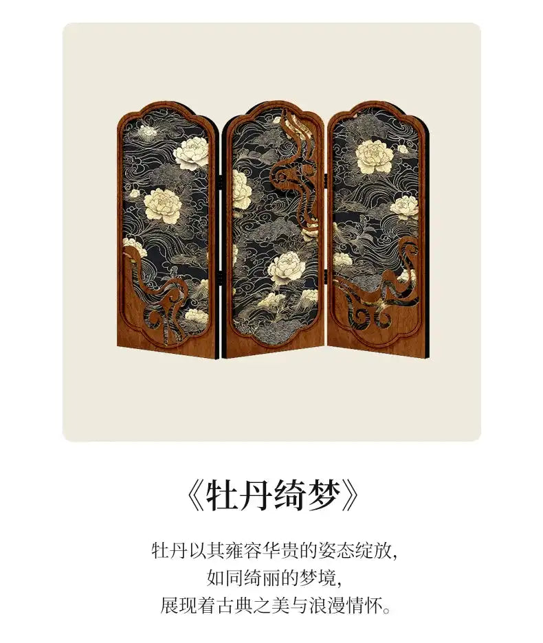 Antique peony tabletop screen for elegant home and office decor.