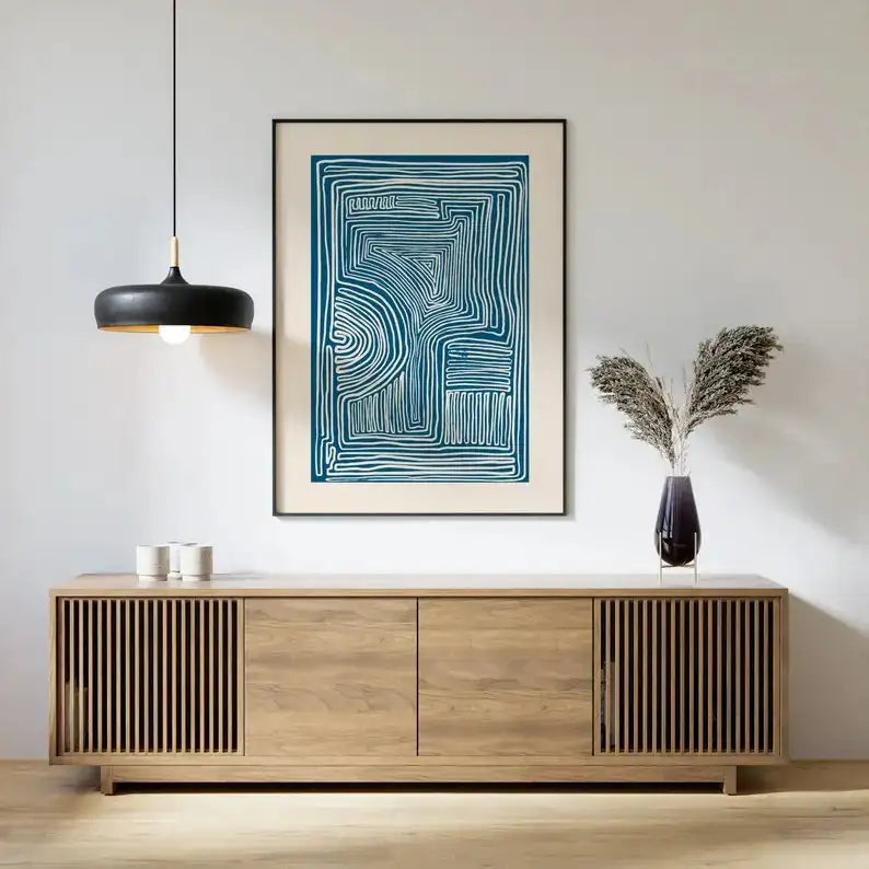 Minimalist line art blue abstract canvas wall decor for modern home interiors.