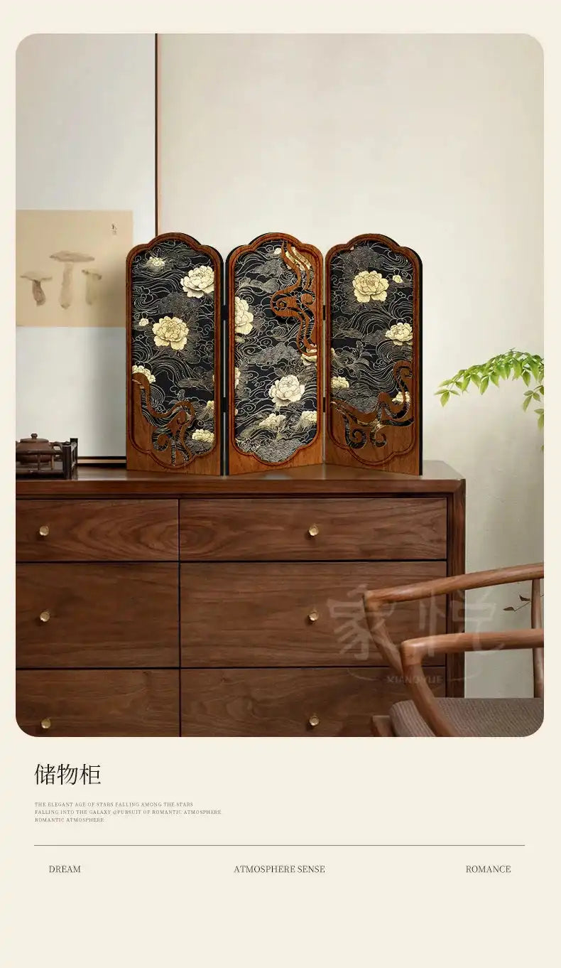 Antique peony tabletop screen for elegant home and office decor.