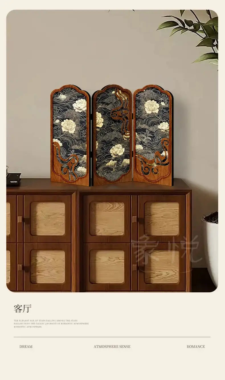Antique peony tabletop screen for elegant home and office decor.