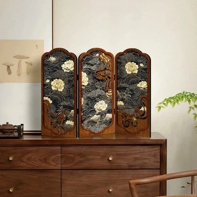 Antique peony tabletop screen for elegant home and office decor.