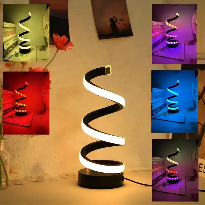 Modern dimmable spiral LED table lamp for desk and home lighting.