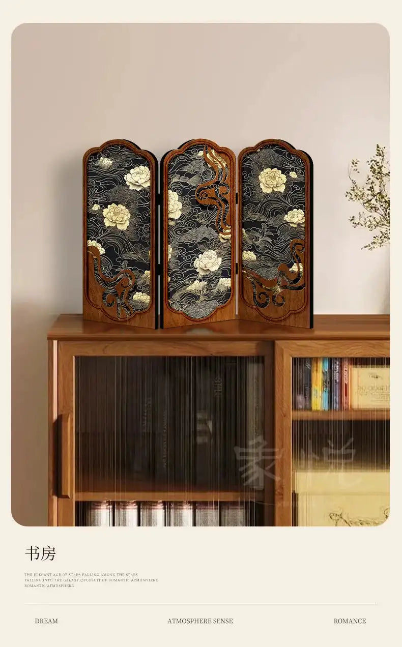 Antique peony tabletop screen for elegant home and office decor.