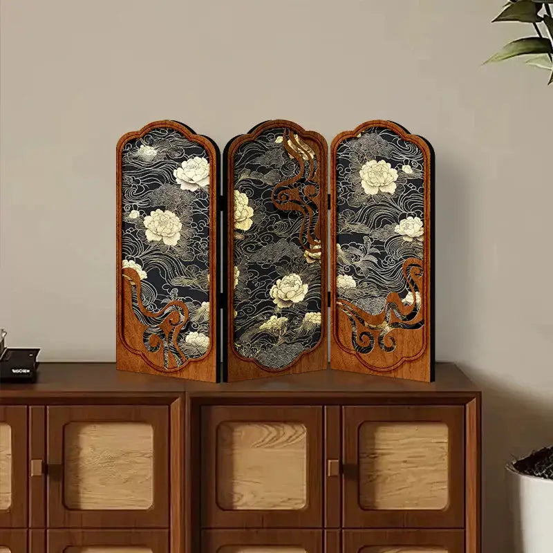 Antique peony tabletop screen for elegant home and office decor.