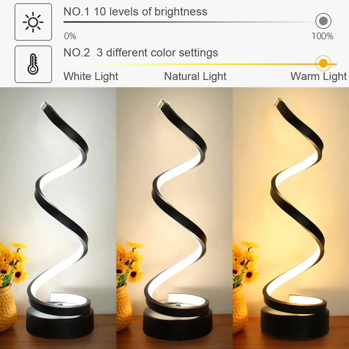 Modern dimmable spiral LED table lamp for desk and home lighting.